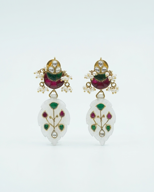 Earring: Uncut Polki Kundan, Pearl, White Quartz, Tourmaline & Emerald
