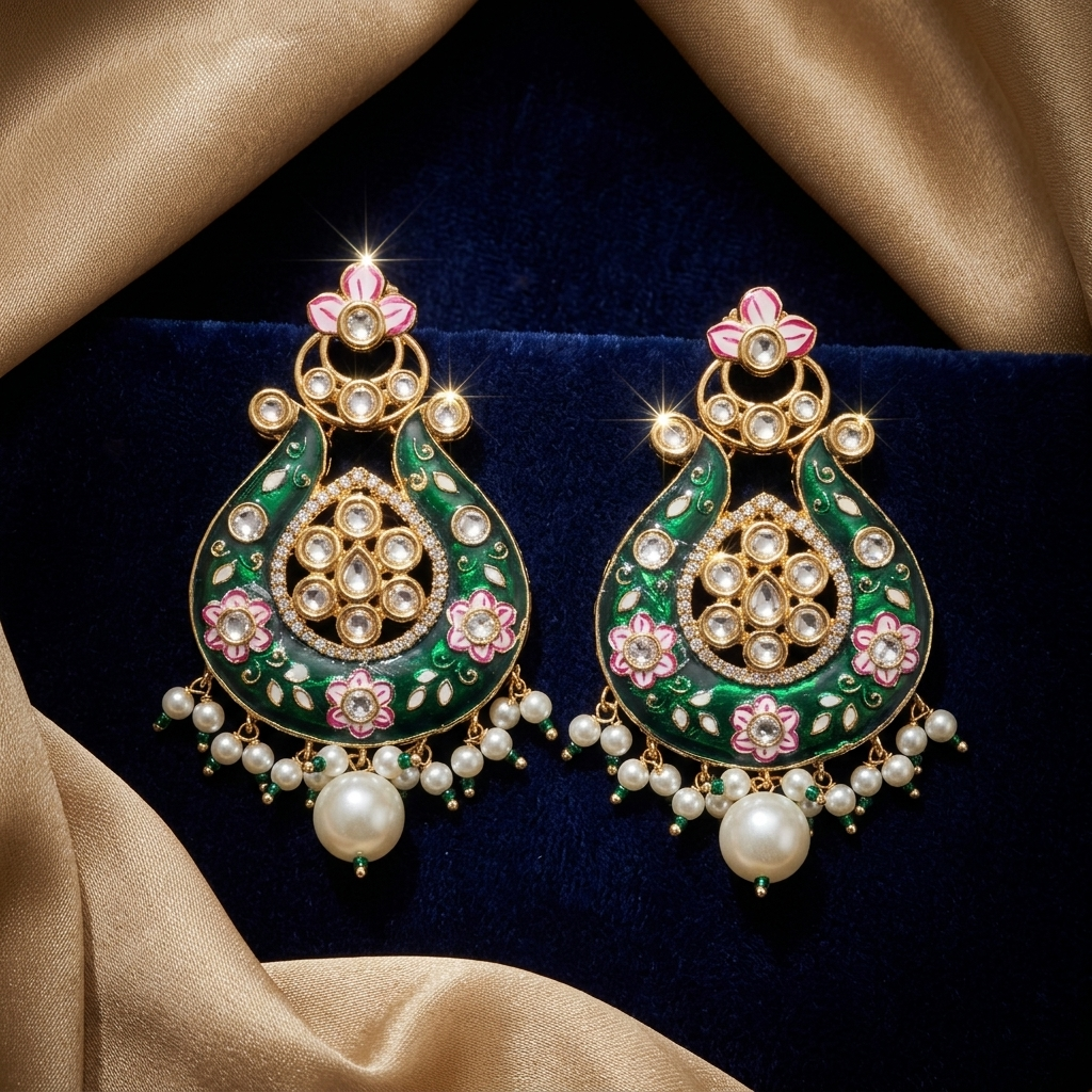 Earring: Pearl, Semi-Moissanite Kundan & Meenakari
