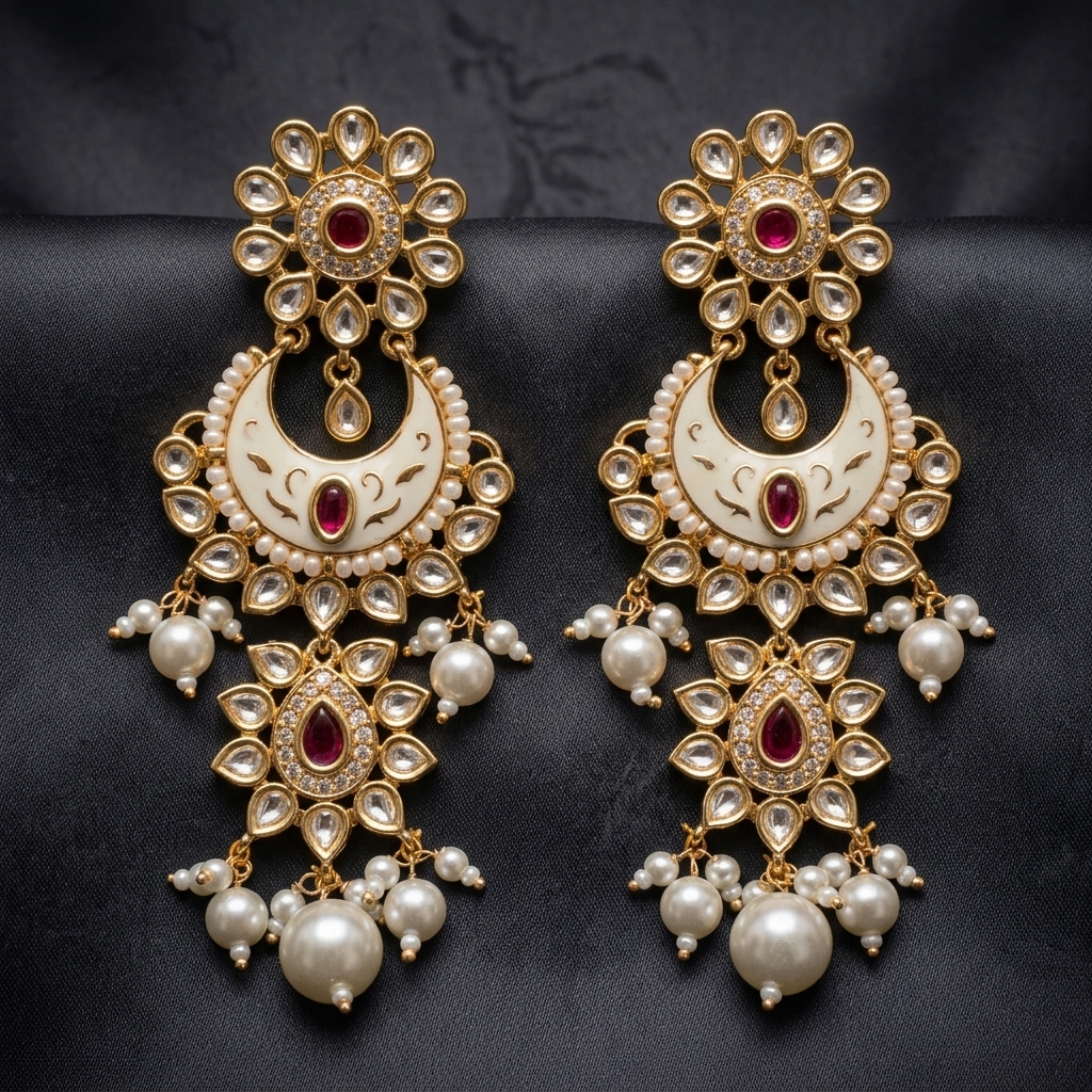 Earring: Pearl, Semi-Moissanite Kundan, Meenakari & Cubic Zirconia