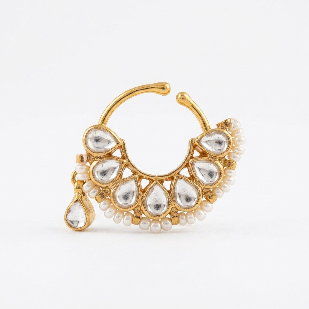 Nath/Nose Pin: Pearl & Semi-Moissanite Polki Kundan