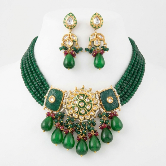 Necklace Set: Kundan, Green Beads, Pearl & Meenakari