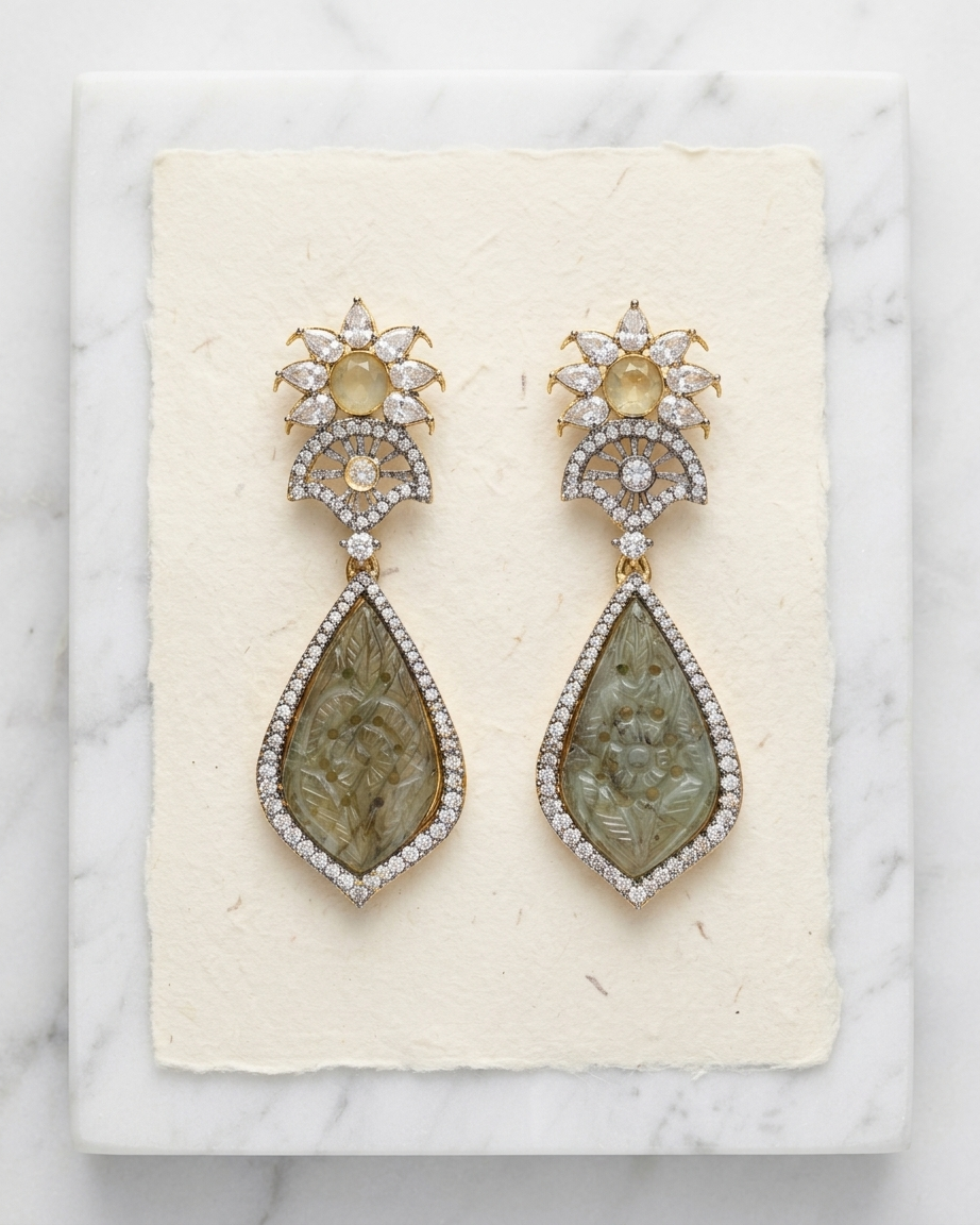 Earring: Cubic Zirconia, White Quartz, Citrine & Agate