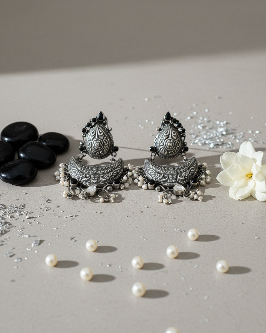 Earring: Uncut Polki Kundan, Black Onyx & Pearl