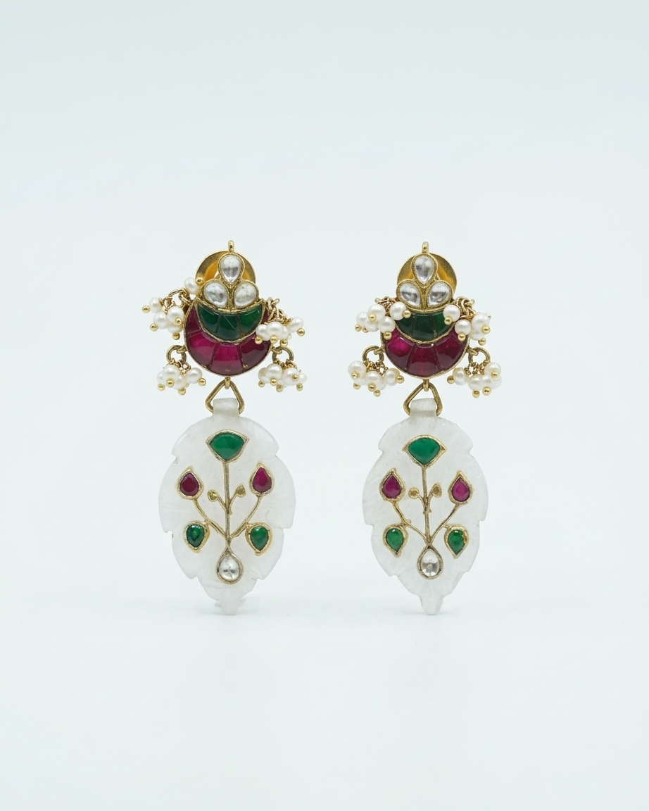 Earring: Uncut Polki Kundan, Pearl, White Quartz, Tourmaline & Emerald