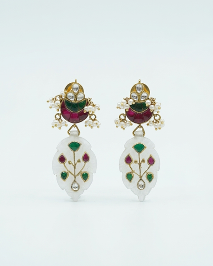 Earring: Uncut Polki Kundan, Pearl, White Quartz, Tourmaline & Emerald