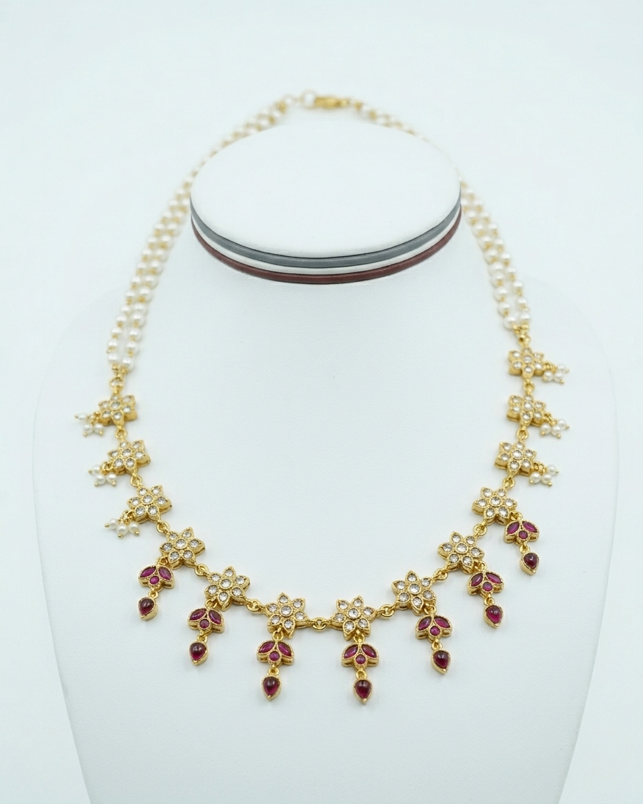 Neck Chain: Uncut Semi-Moissanite Polki Kundan, Ruby & Pearl