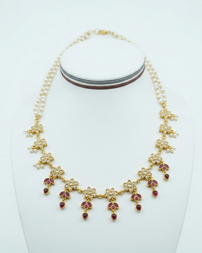 Neck Chain: Uncut Semi-Moissanite Polki Kundan, Ruby & Pearl