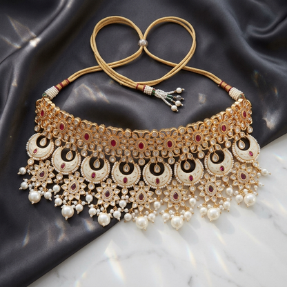 Neck Chain: Semi-Moissanite Polki Kundan, Garnet & Pearl