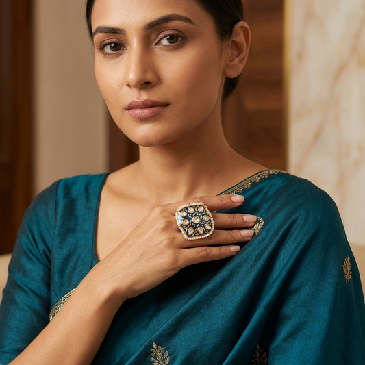 Ring: Meenakari, Semi-Moissanite Polki Kundan & Pearl