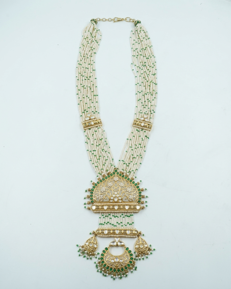Neck Chain: Uncut Semi-Moissanite Polki Kundan, Emerald & Pearl