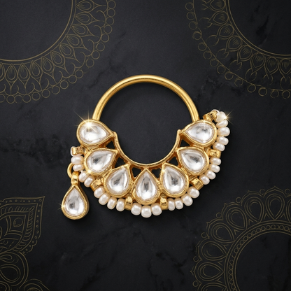 Nath/Nose Pin: Pearl & Semi-Moissanite Polki Kundan