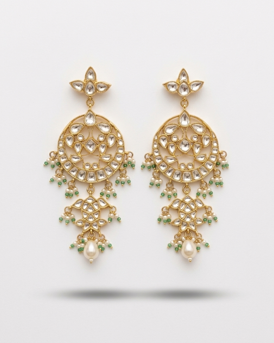 Earring: Uncut Semi-Moissanite Polki Kundan & Pearl
