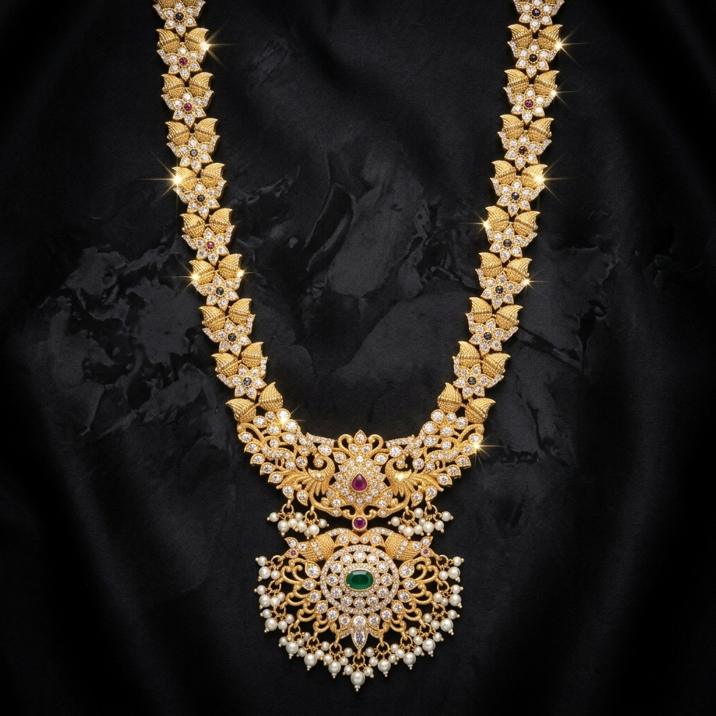 Neck Chain: Pearl, Semi-Moissanite Polki Kundan, Ruby & Emerald