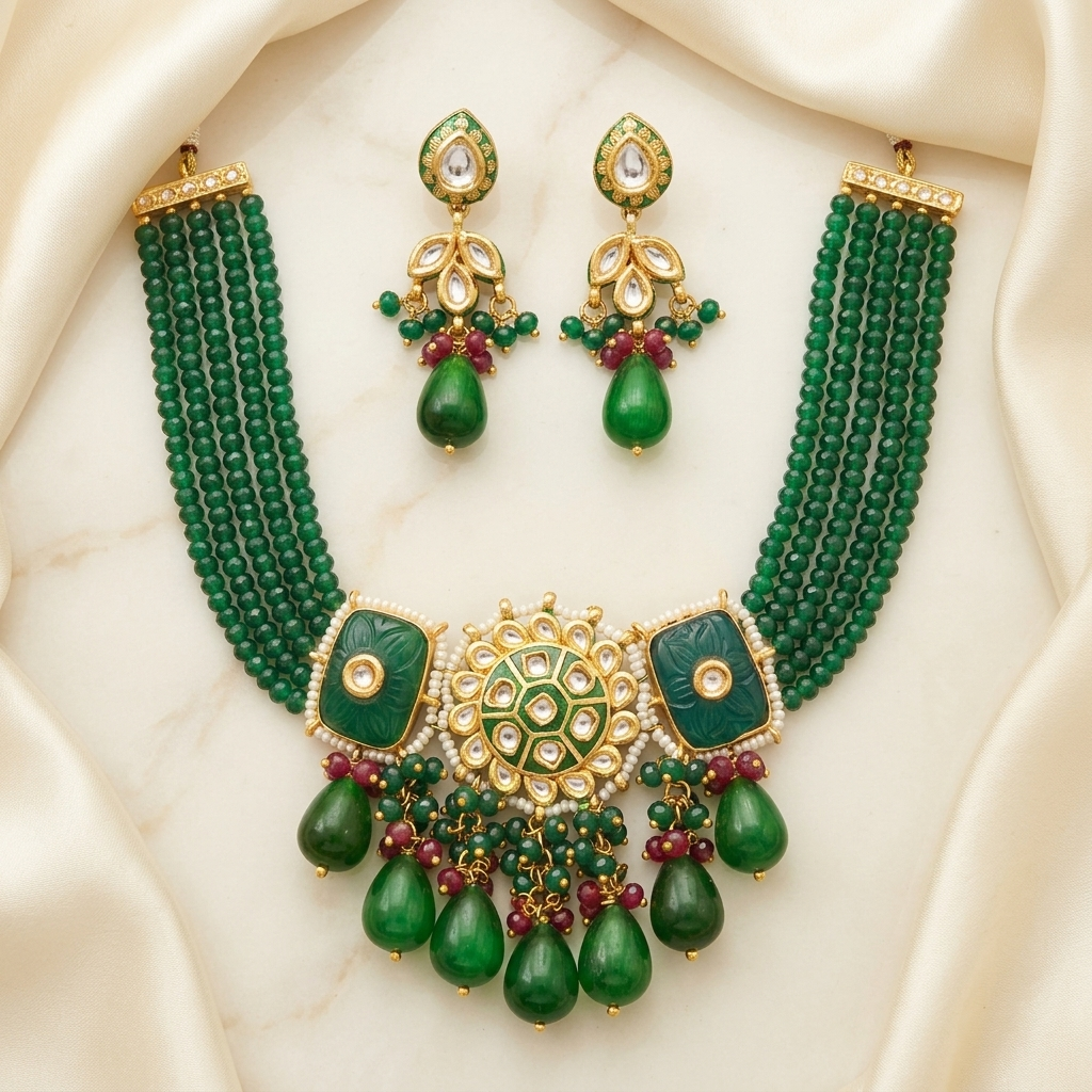 Necklace Set: Kundan, Green Beads, Pearl & Meenakari