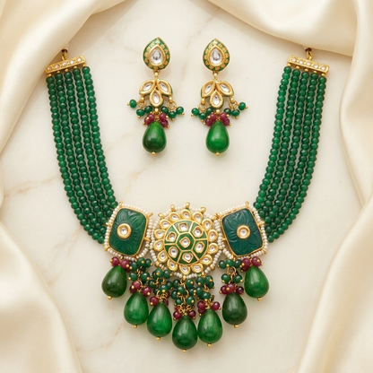 Necklace Set: Kundan, Green Beads, Pearl & Meenakari