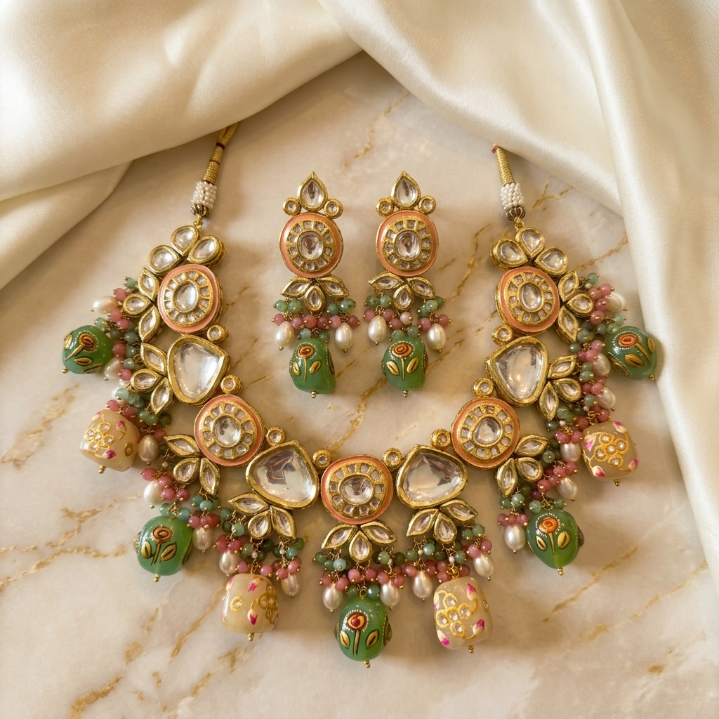 Necklace Set: Glass Kundan, Enamel & Carved Beads