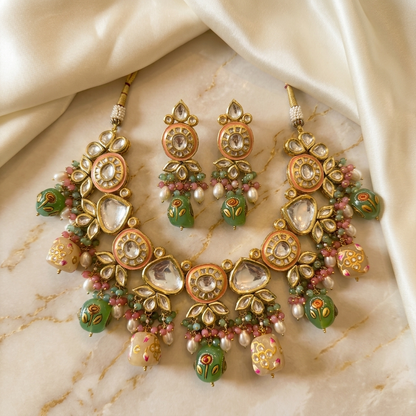 Necklace Set: Glass Kundan, Enamel & Carved Beads