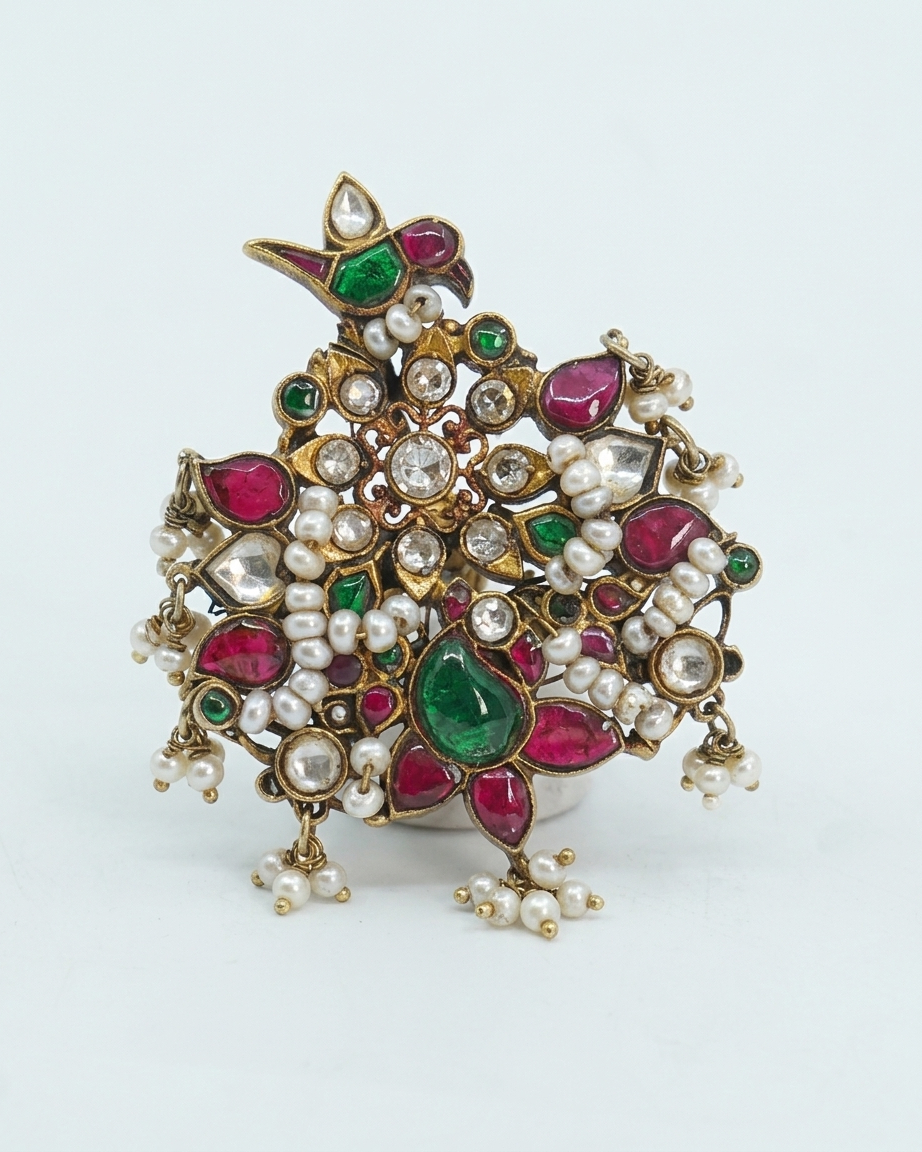 Ring: Uncut Polki Kundan, Pearls, Cubic Zirconia, Tourmaline & Emerald