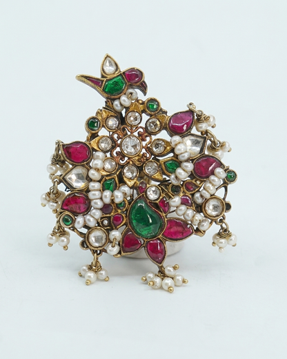 Ring: Uncut Polki Kundan, Pearls, Cubic Zirconia, Tourmaline & Emerald