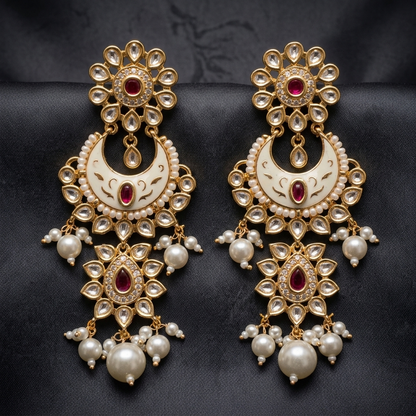 Earring: Pearl, Semi-Moissanite Kundan, Meenakari & Cubic Zirconia