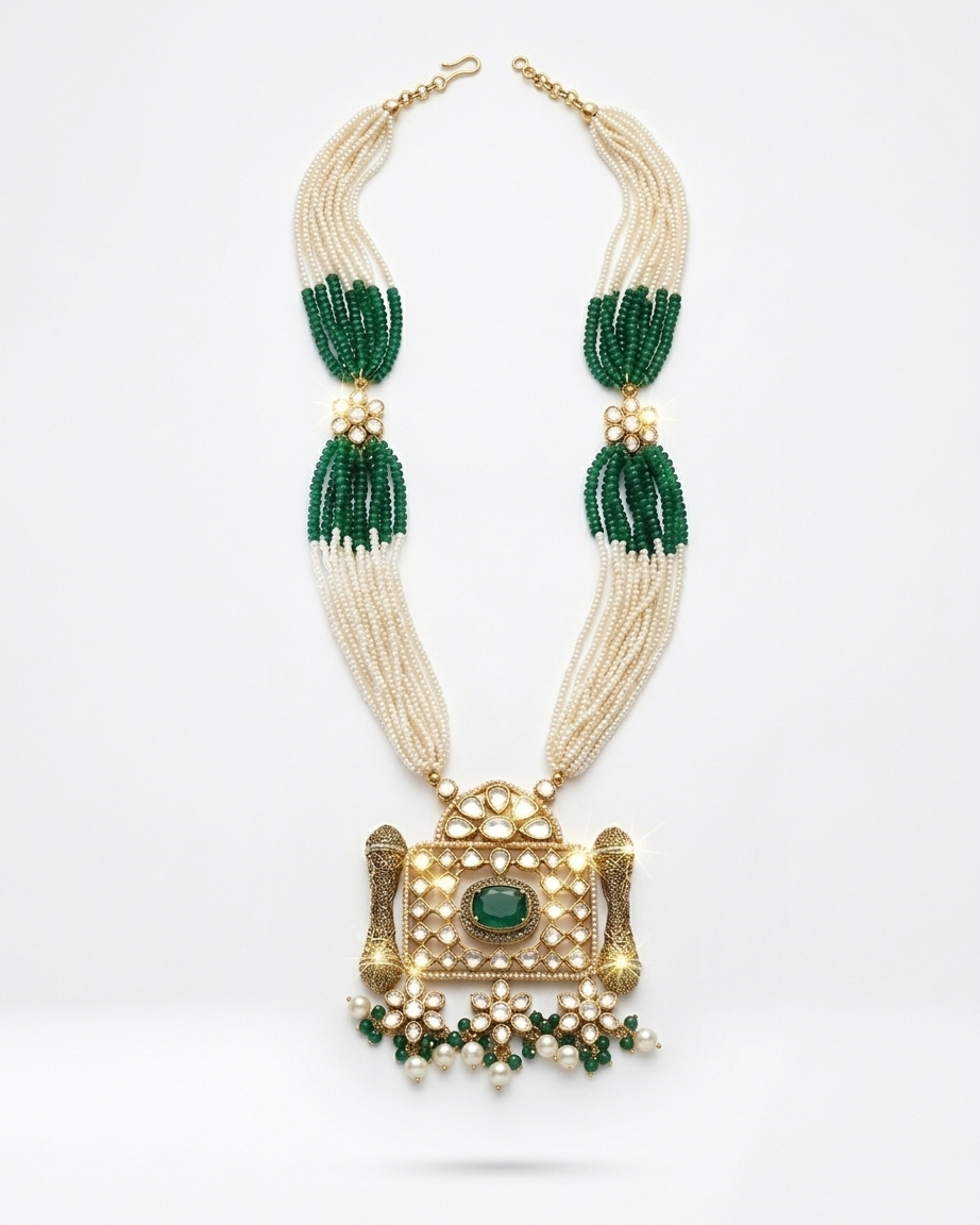 Neck Chain: Uncut Semi-Moissanite Polki Kundan, Pearls, Emerald & Beads