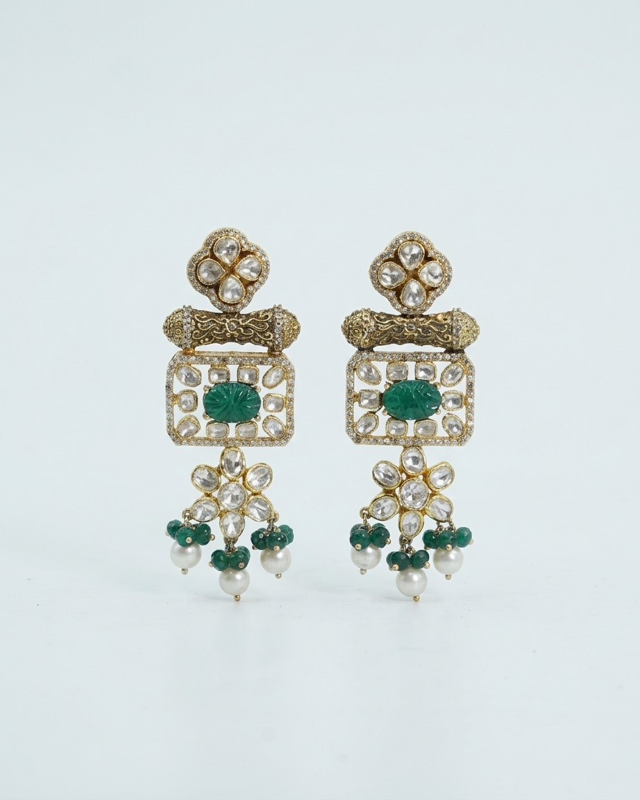 Earring: Uncut Semi-Moissanite Polki Kundan & Emerald
