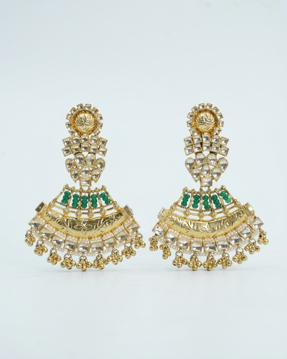 Earring: Semi-Moissanite Polki Kundan & Green Beads