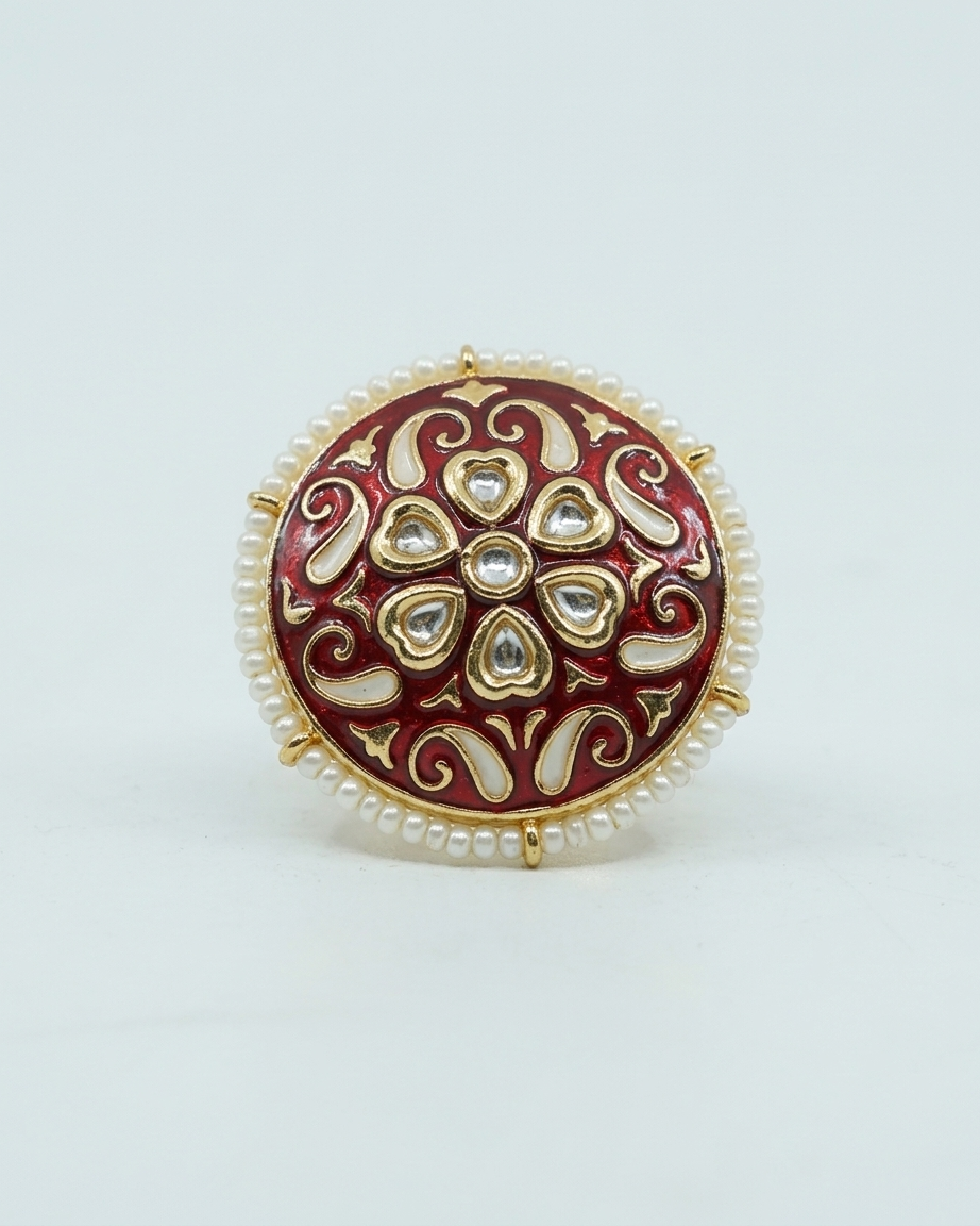 Ring: Uncut Polki Kundan, Pearls & Enamel