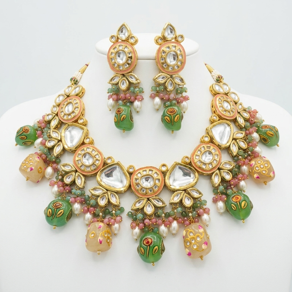 Necklace Set: Glass Kundan, Enamel & Carved Beads