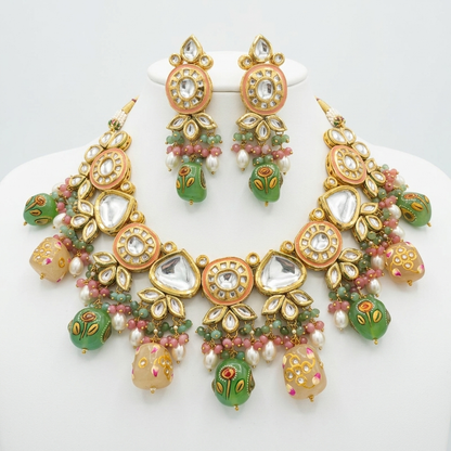 Necklace Set: Glass Kundan, Enamel & Carved Beads