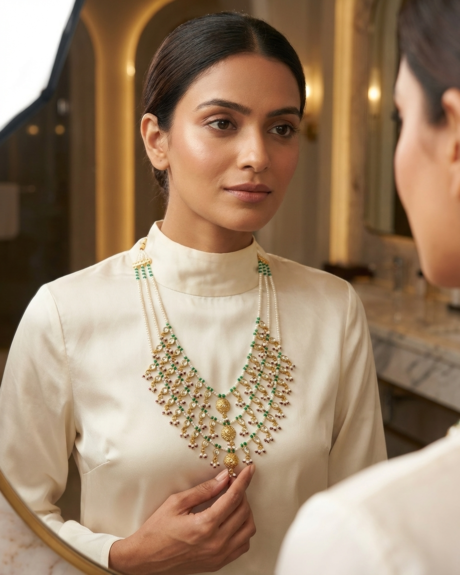 Neck Chain: Uncut Polki Kundan, Ruby, Emerald & Pearl