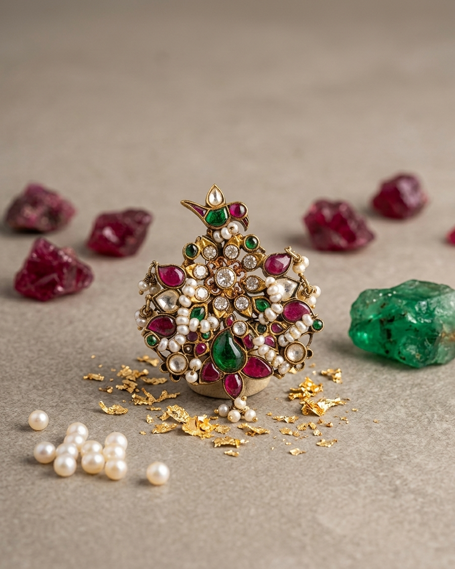 Ring: Uncut Polki Kundan, Pearls, Cubic Zirconia, Tourmaline & Emerald