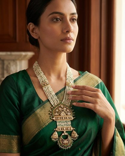 Neck Chain: Uncut Semi-Moissanite Polki Kundan, Emerald & Pearl