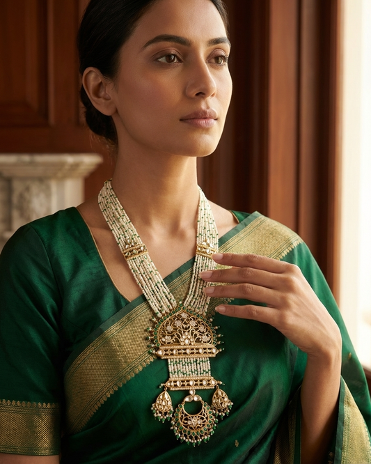 Neck Chain: Uncut Semi-Moissanite Polki Kundan, Emerald & Pearl
