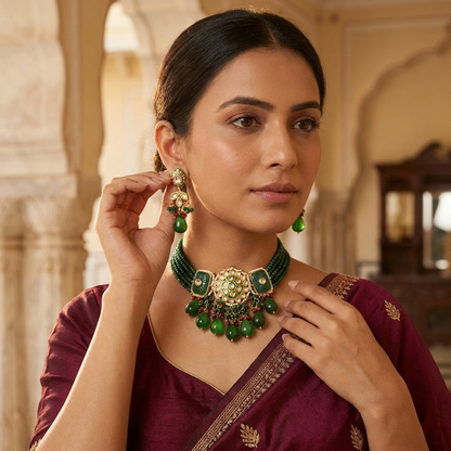 Necklace Set: Kundan, Green Beads, Pearl & Meenakari