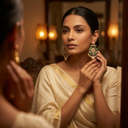 Earring: Pearl, Semi-Moissanite Kundan & Meenakari