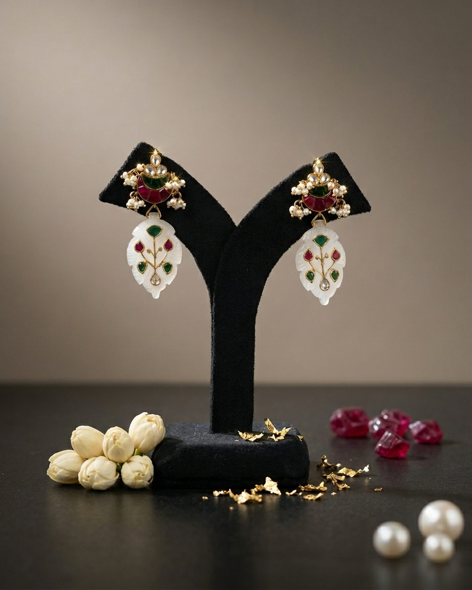 Earring: Uncut Polki Kundan, Pearl, White Quartz, Tourmaline & Emerald