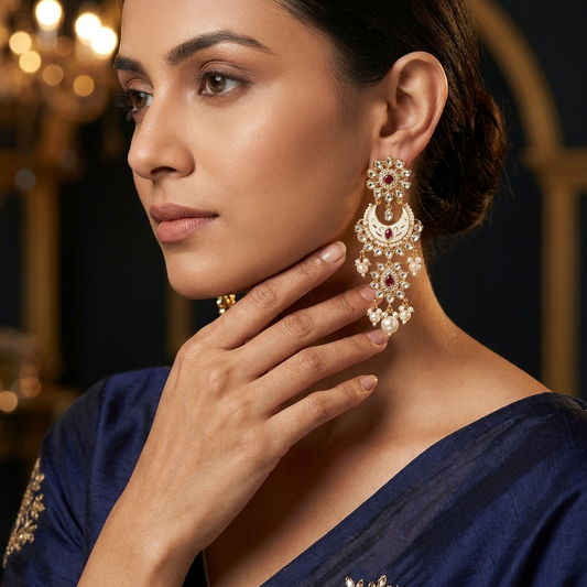 Earring: Pearl, Semi-Moissanite Kundan, Meenakari & Cubic Zirconia