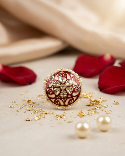 Ring: Uncut Polki Kundan, Pearls & Enamel