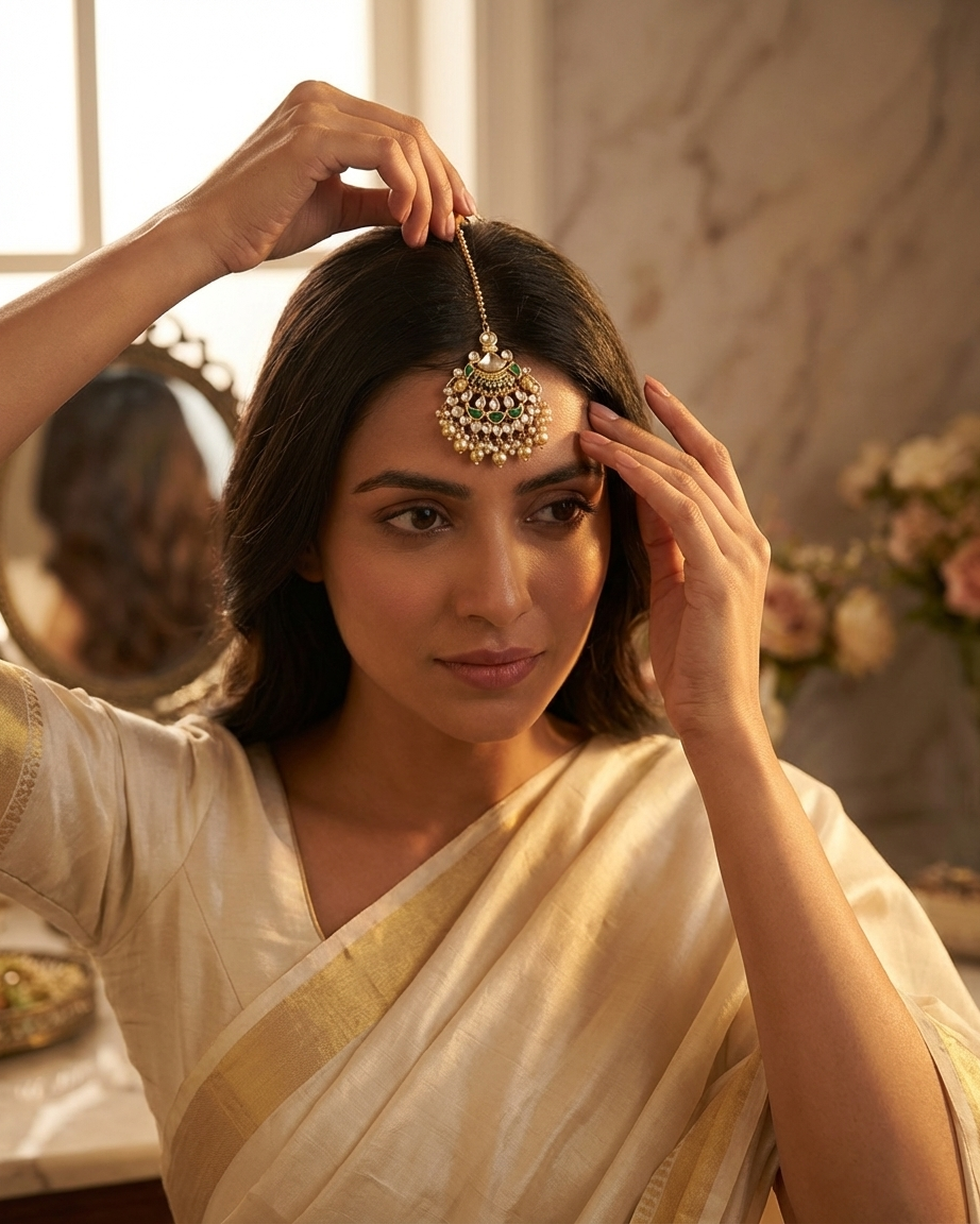 Tikka: Uncut Polki Kundan, Enamel & Pearl