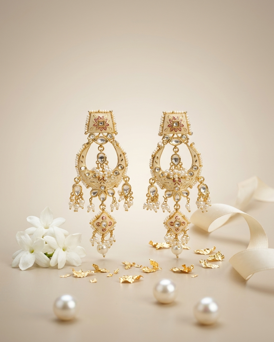 Earring: Uncut Polki Kundan, Meenakari & Pearl