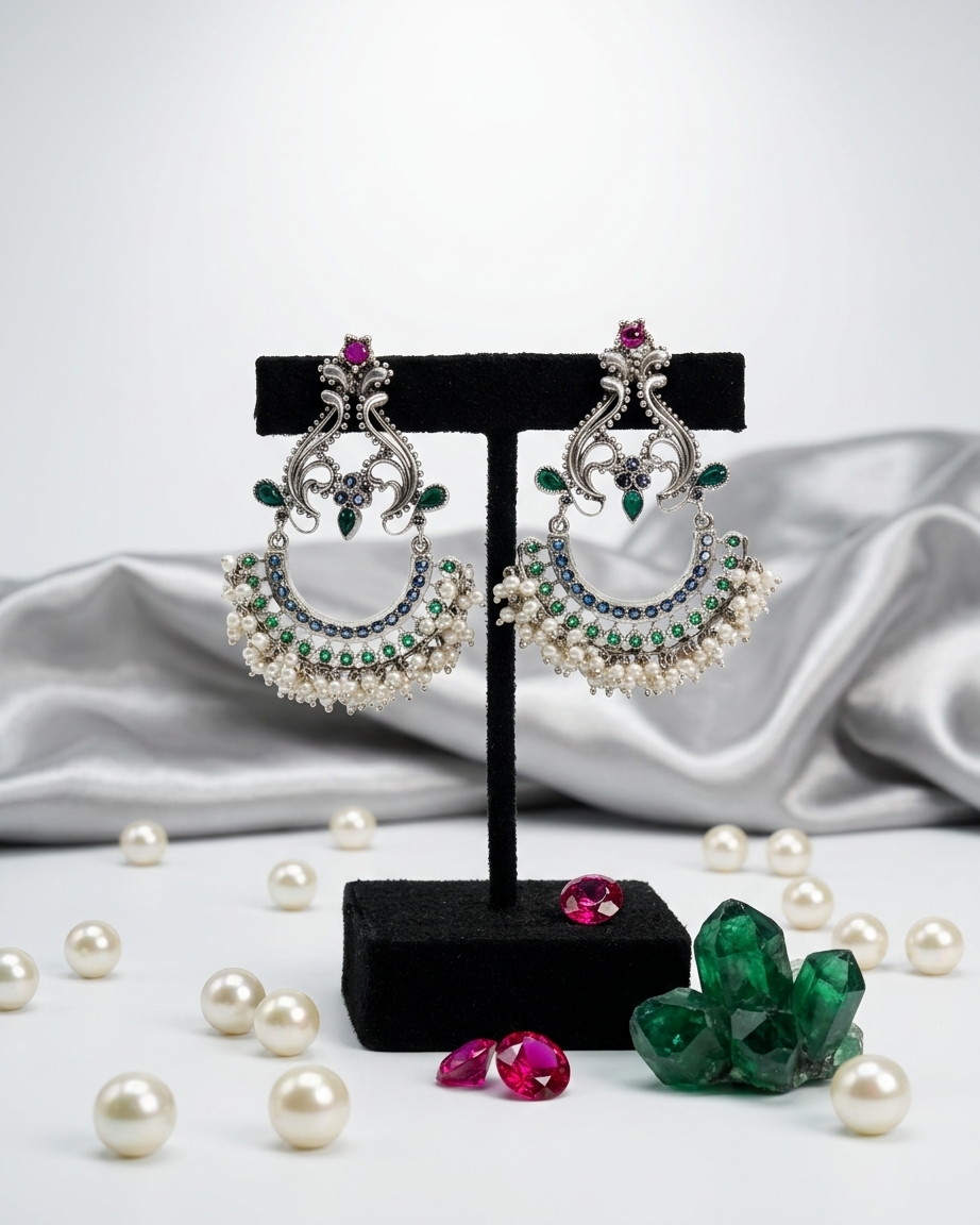 Earring: Pearl, Emerald, Tourmaline & Sapphire