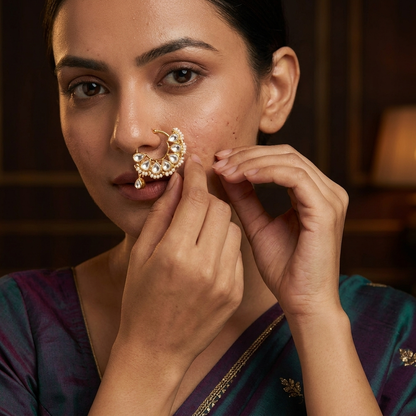 Nath/Nose Pin: Pearl & Semi-Moissanite Polki Kundan