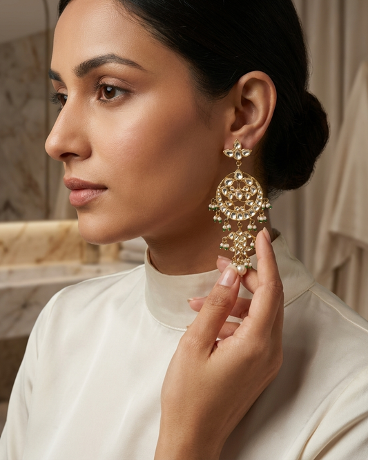 Earring: Uncut Semi-Moissanite Polki Kundan & Pearl