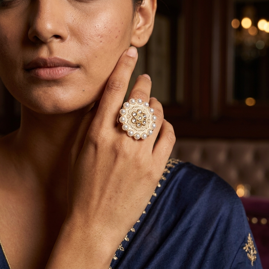 Ring: Meenakari, Semi-Moissanite Polki Kundan & Pearl