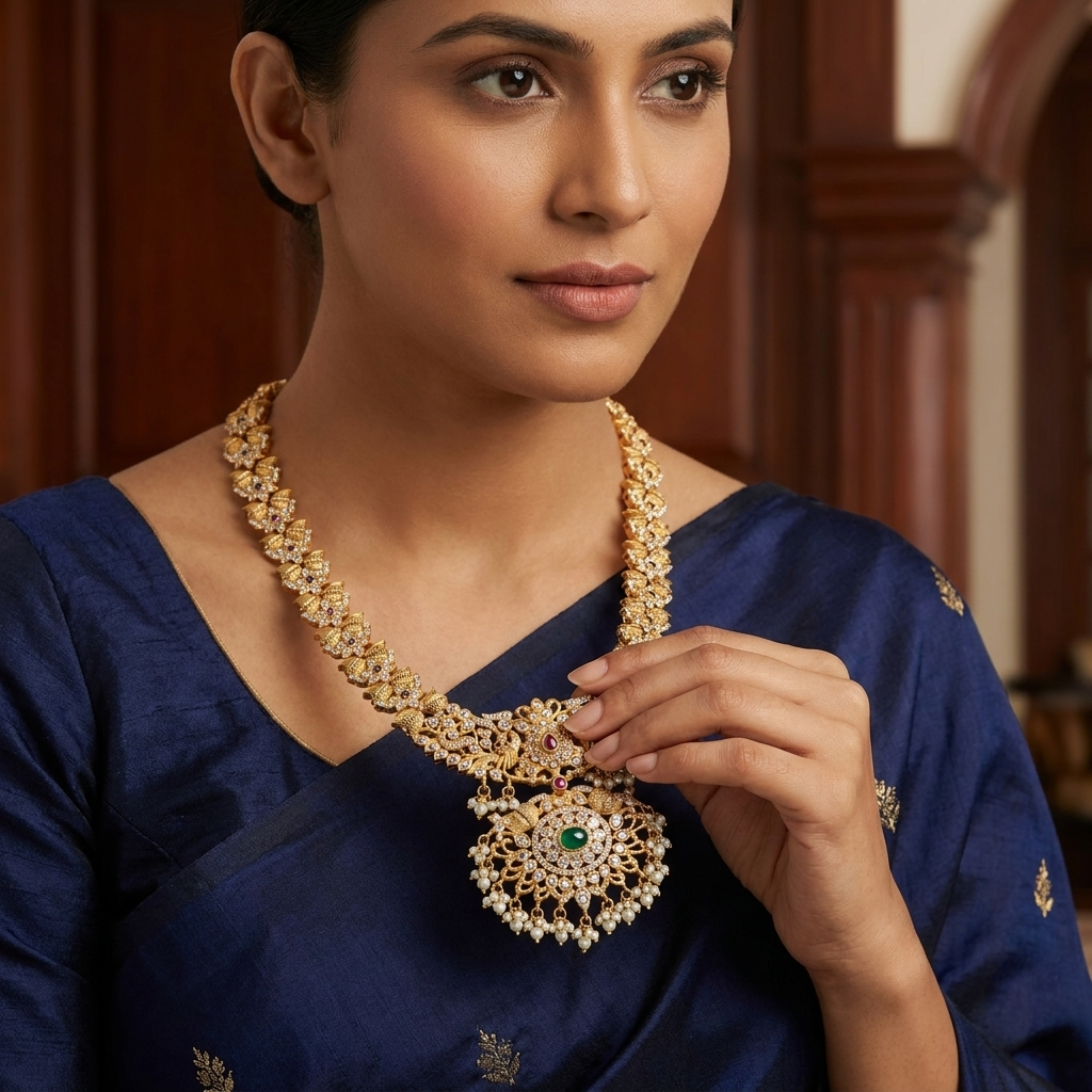 Neck Chain: Pearl, Semi-Moissanite Polki Kundan, Ruby & Emerald