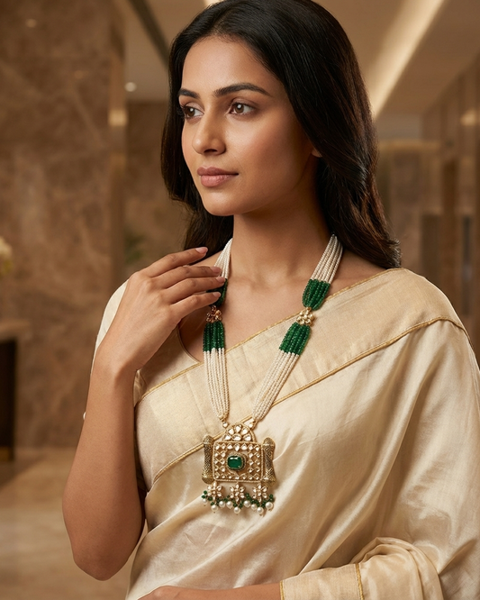 Neck Chain: Uncut Semi-Moissanite Polki Kundan, Pearls, Emerald & Beads