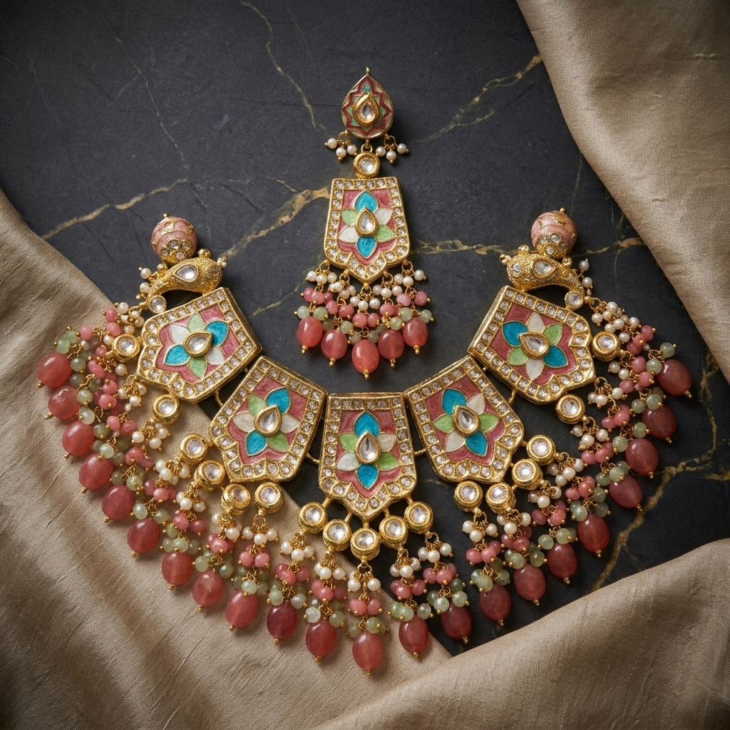 Necklace Set: Glass Kundan, Enamel & Beads