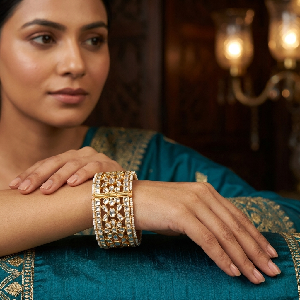 Bangle: Pearl & Semi-Moissanite Polki Kundan