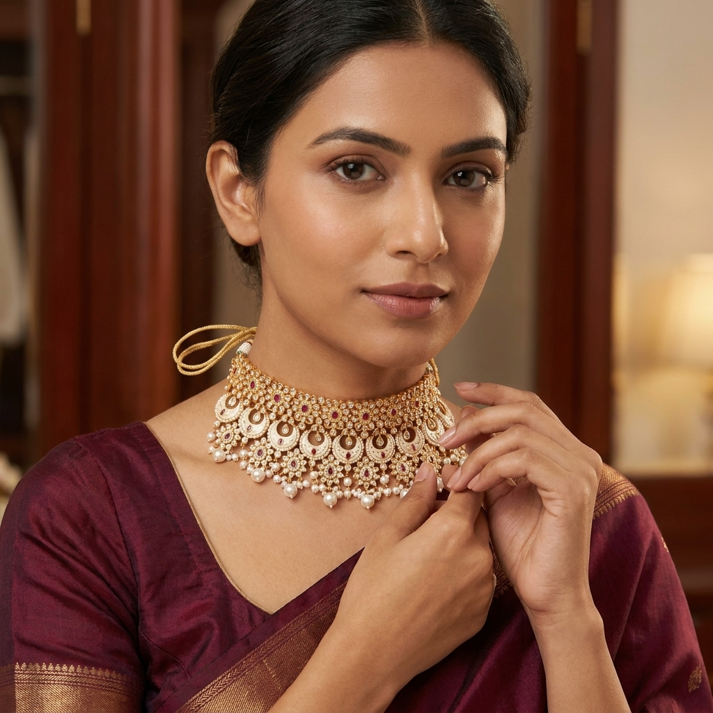 Neck Chain: Semi-Moissanite Polki Kundan, Garnet & Pearl